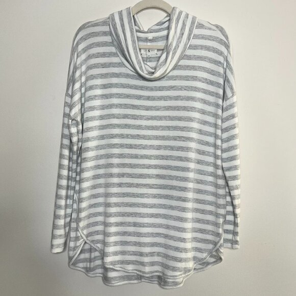 Lou & Grey Cowlneck Loose Flowy Striped Stretch Jersey Knit Curved Hem Top - Picture 1 of 8